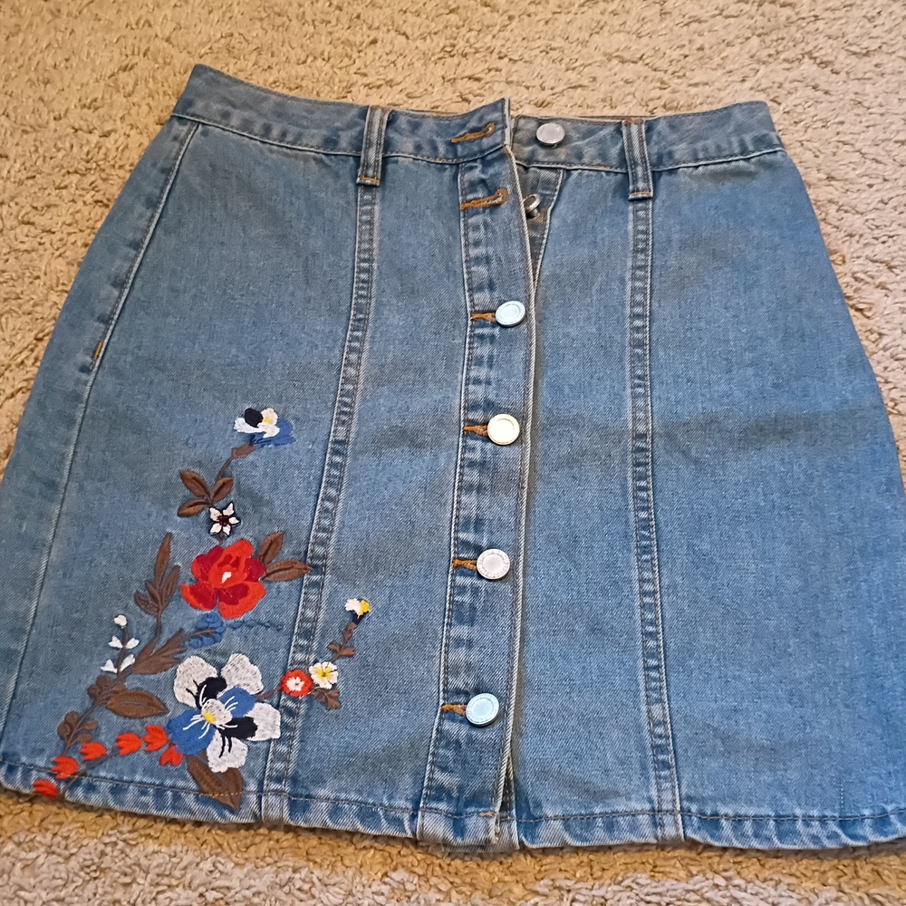Roolee Floral Embroidered Denim Skirt